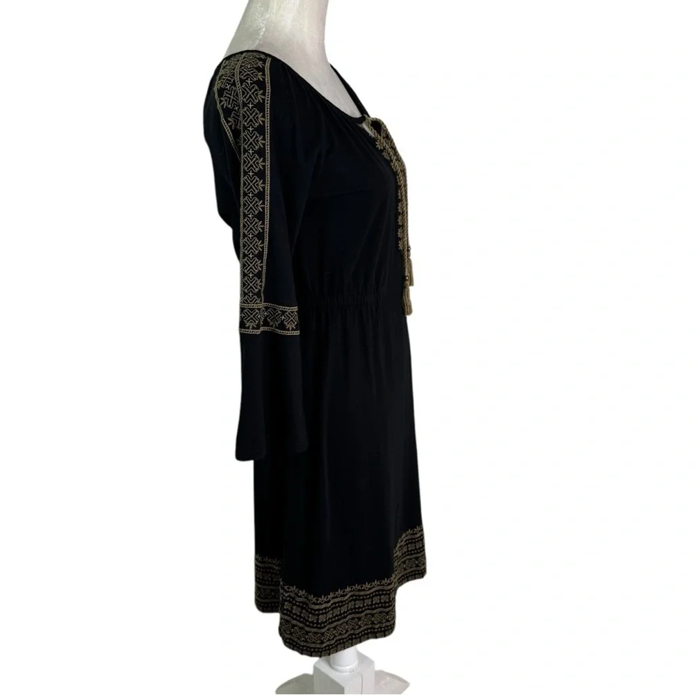 J. Jill Embroidered Cotton Blend Boho Knit Peasant Sheath Dress Black Size S